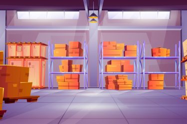 Warehouse shelves with cardboard and wooden boxes. Vector cartoon illustration of factory, delivery company, supermarket storehouse interior, packages with goods in large room with lamps on ceiling